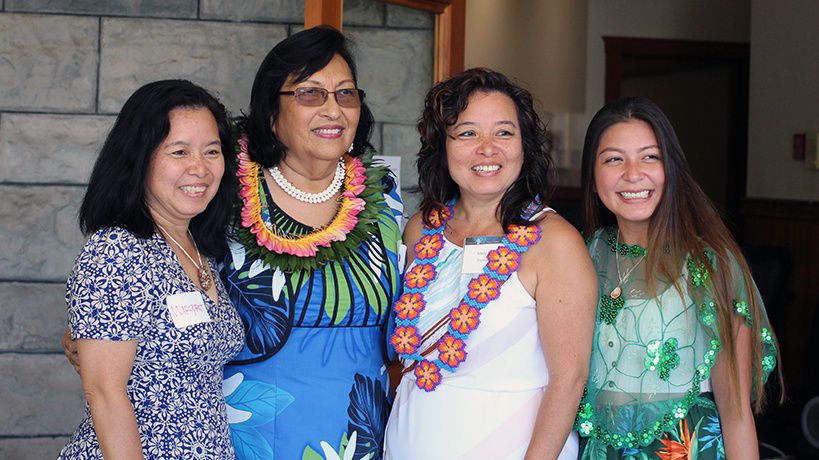 Mary Therese Hattori organized the Celebrate Micronesian Women Summit at the Honolulu Museum of Art School in 2017. From left to right: Margaret Hattori Uchima (a guest speaker), Consul General of Republic of the Marshall Islands Neijon Edwards, Mary Therese Hattori, and Malia Toves (a student participant). (Photo by Jessica and Melissa Lum, Courtesy of Mary Therese Hattori)