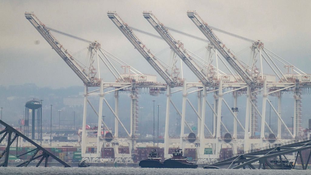 The cranes for the Port of Baltimore are idle on Wednesday, March 27, 2024, as seen from Pasadena, Md. The container ship Dali, owned by Grace Ocean PTE, struck the Francis Scott Key Bridge closing the port to ship traffic. (AP Photo/Alex Brandon)
