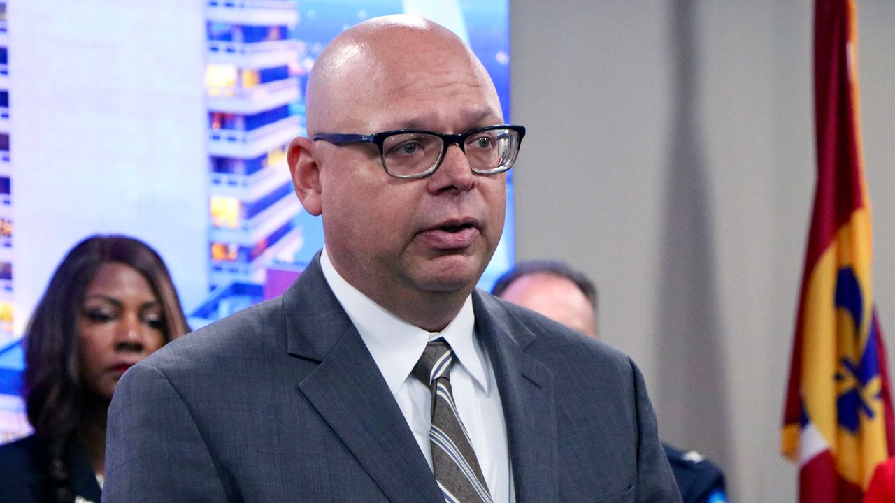 Matt Davis, vice president of the Board of Education of the City of St. Louis, talks about safety and security upgrades for CVPA and other SLPS schools Monday, July 29, during a news conference at SLMPD head quarters. (Spectrum News/Elizabeth Barmeier)