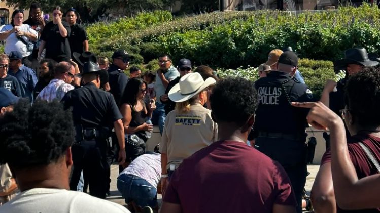 Scene in Big Tex Circle after a police horse was startled bucking off his rider and injuring a State Fair of Texas visitor on Tuesday, Oct. 8, 2024. (Matt Shewey)