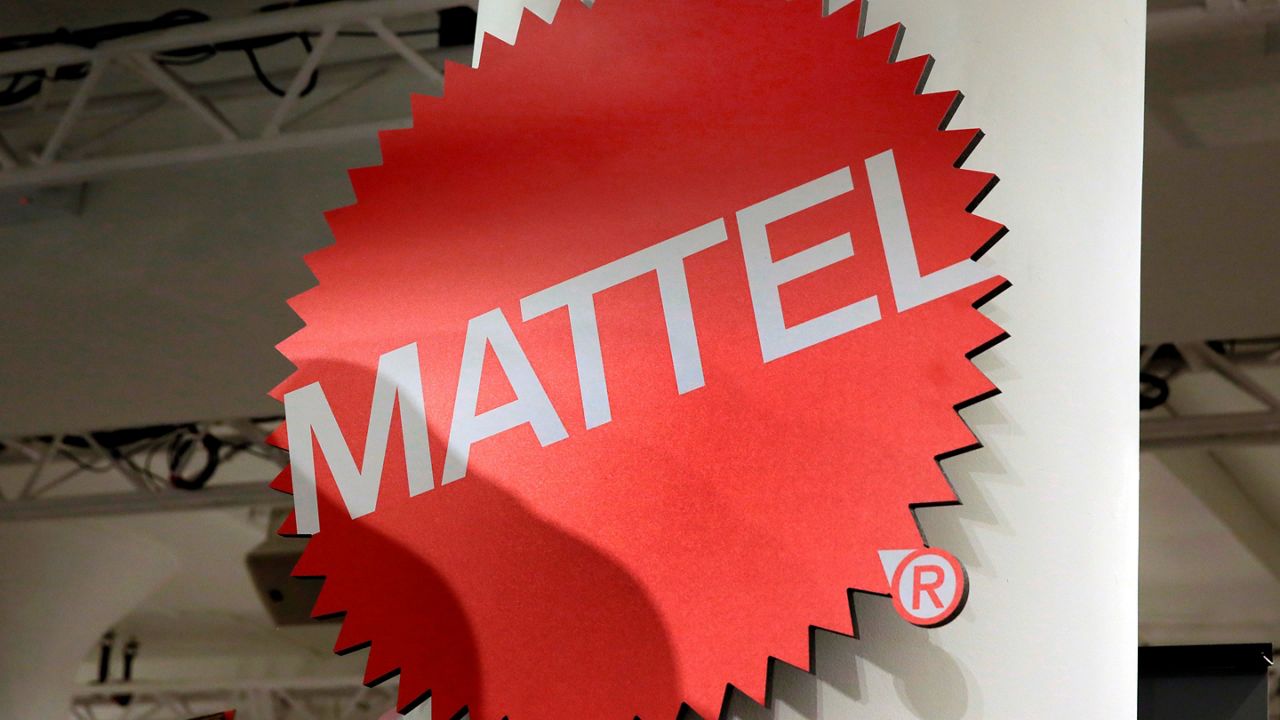 The Mattel logo is seen, April 26, 2018, at the TTPM 2018 Spring Showcase in New York. (AP Photo/Richard Drew, File)