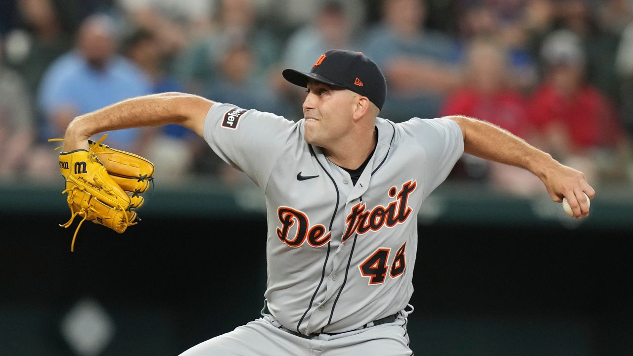 Detroit Tigers starting pitcher Matthew Boyd throws during the first inning of a baseball game against the Texas Rangers in Arlington, Texas, June 26, 2023.