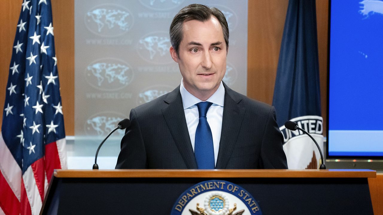 State Department spokesperson Matthew Miller answers questions during a news briefing at the State Department on Tuesday, July 18, 2023, in Washington. (AP Photo/Nathan Howard)