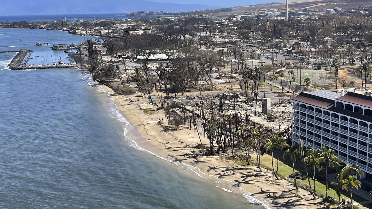 Lahaina Shores Beach Resort is seen still standing while the rest of Lahaina appears burnt. (Hawaii Department of Land and Natural Resources via AP)