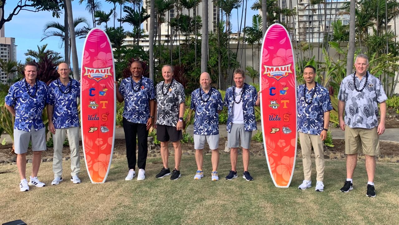 The eight coaches participating in the 40th edition of the Maui Invitational posed atop the Hawaii Convention Center on Sunday: from left to right, Kansas' Bill Self, Chaminade's Eric Bovaird, Syracuse's Adrian Autry, Tennessee's Rick Barnes, UCLA's Mick Cronin, Gonzaga's Mark Few, Marquette's Shaka Smart and Purdue's Matt Painter. The tournament is being played on Oahu for the first time this week.