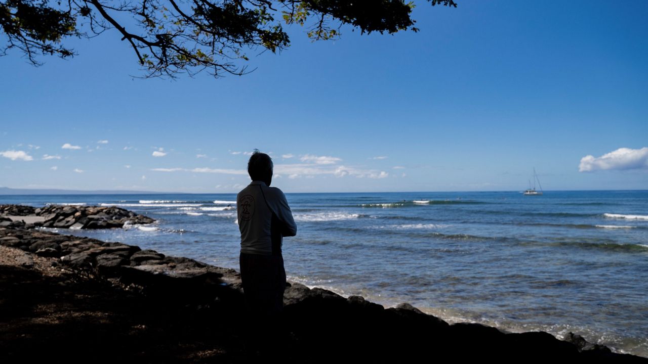 Abraham "Snake" Ah Hee, one of the first crew members of Hokulea - the Polynesian double-hulled voyaging canoe, looks at the ocean at Launipoko Beach Park on Friday, Feb. 23, 2024, in Lahaina, Hawaii. Hawaii authorities said Thursday, April 11, 2024, that coastal waters off the wildfire-stricken town of Lahaina pose no significant risk to human health and it’s safe to surf and swim there. (AP Photo/Mengshin Lin, File)
