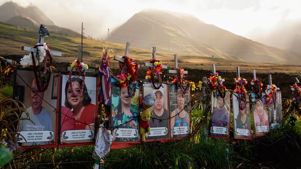 Photos of victims are displayed under white crosses at a memorial for victims of the August 2023 wildfire, above the Lahaina Bypass highway, Dec. 6, 2023, in Lahaina, Hawaii. (AP Photo/Lindsey Wasson, File)