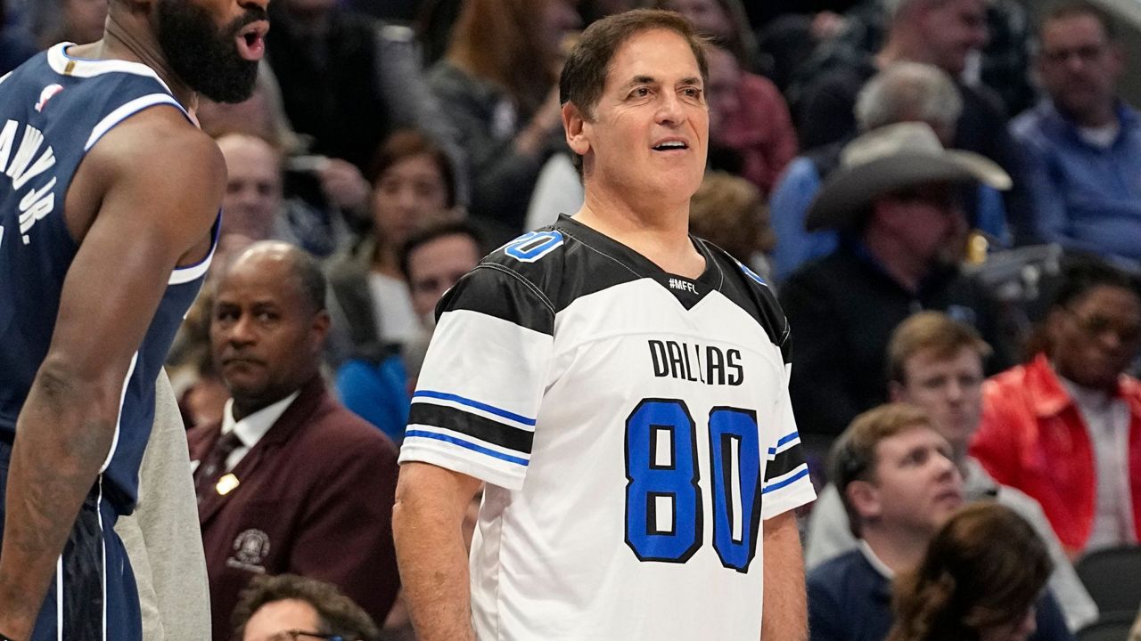 Dallas Mavericks owner Marc Cuban on the sidelines during the first half of an NBA basketball game against the Los Angeles Lakers in Dallas, Tuesday, Dec. 12, 2023. (AP Photo/LM Otero, File)