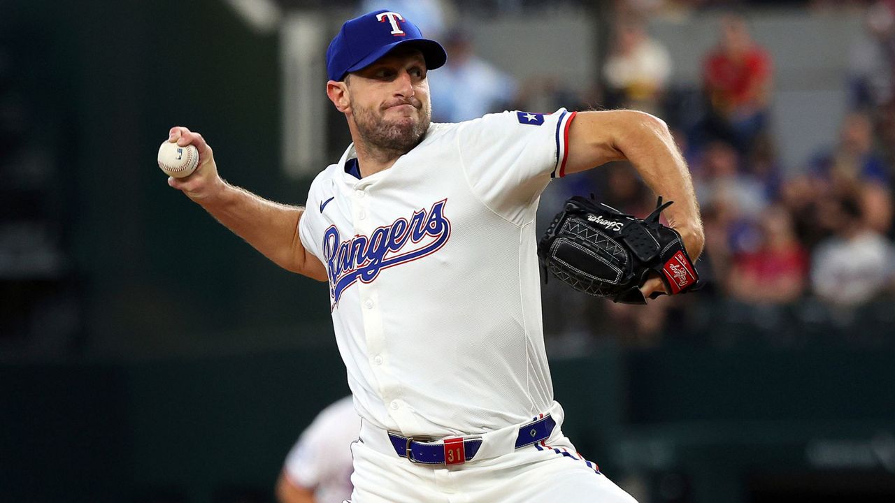 Texas Rangers starting pitcher Max Scherzer (31) delivers in the first inning of a baseball game against the Chicago White Sox Thursday, July 25, 2024, in Arlington, Texas. (AP Photo/Richard W. Rodriguez)