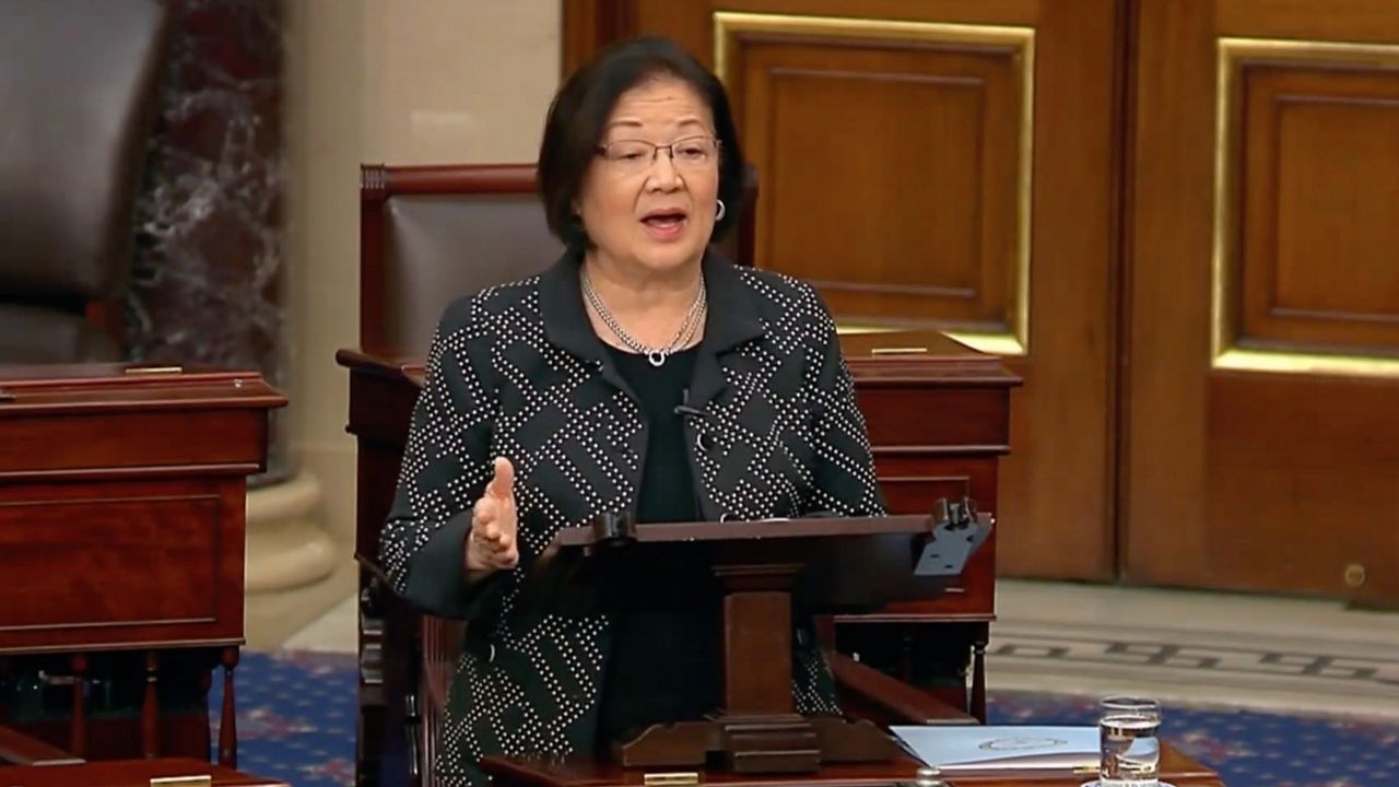 U.S. Sen. Mazie Hirono called for the text of the COFA measure to be added to the national security supplemental bill during a Senate floor session last August. (U.S. Sen. Mazie Hirono Facebook livestream capture)
