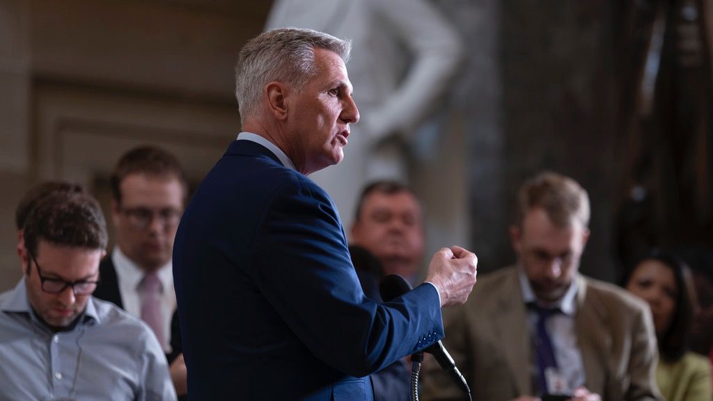 Speaker of the House Kevin McCarthy, R-Calif., talks to reporters following the visit and address to Congress by Israeli President Isaac Herzog, during a news conference at the Capitol in Washington, Wednesday, July 19, 2023. (AP Photo/J. Scott Applewhite)