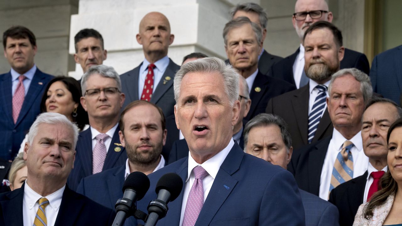 Speaker of the House Kevin McCarthy, R-Calif., holds an event to mark 100 days of the Republican majority in the House, at the Capitol in Washington, Monday, April 17, 2023. (AP Photo/J. Scott Applewhite)