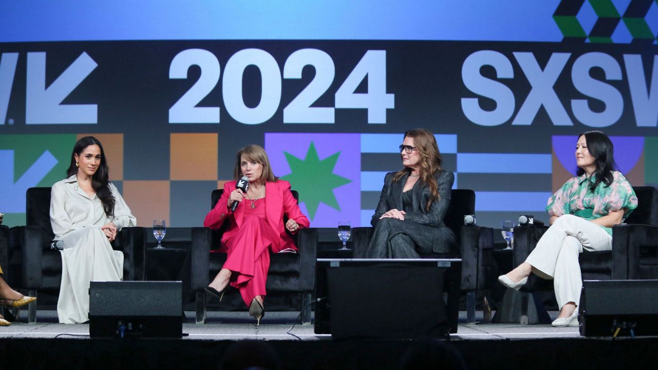 Meghan, the Duchess of Sussex, Katie Couric, Brooke Shields and Nancy Wang Yuen take part in the keynote "Breaking Barrier, Shaping Narratives: How Women Lead On and Off the Screen" on the first day of the South by Southwest Conference on Friday, March 8, 2024, in Austin, Texas. (Photo by Jack Plunkett/Invision/AP)