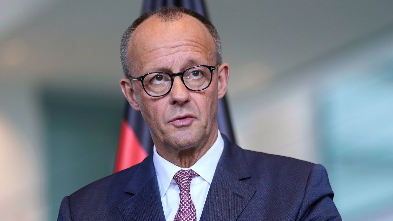 Germany's Chancellor Friedrich Merz attends a news conference at the chancellery in Berlin, Germany, Wednesday, May 28, 2025.(AP Photo/Markus Schreiber)