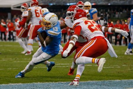 Los Angeles Chargers strong safety Rayshawn Jenkins celebrates his  interception during the first half of an NFL football game against the  Kansas City Chiefs, Monday, Nov. 18, 2019, in Mexico City. (AP