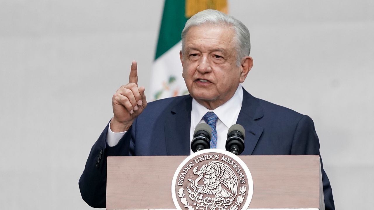 Mexico's President Andrés Manuel López Obrador speaks during a rally marking his fifth anniversary in office, at the Zocalo in Mexico City, Saturday, July 1, 2023. (AP Photo/Aurea Del Rosario)