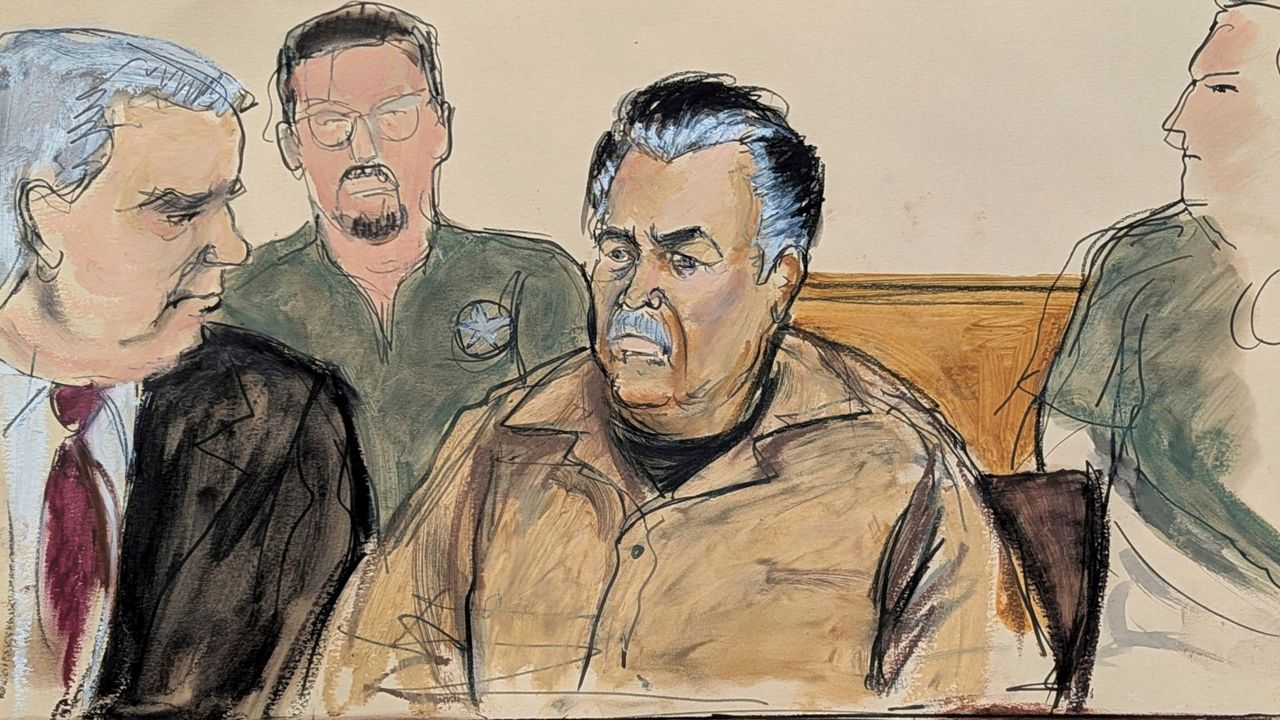 In this courtroom sketch, Ismael “El Mayo” Zambada, center, is seated beside his defense attorney Frank Perez, left, in federal court in the Brooklyn borough of New York, Sept. 13, 2024. (Elizabeth Williams via AP, File)