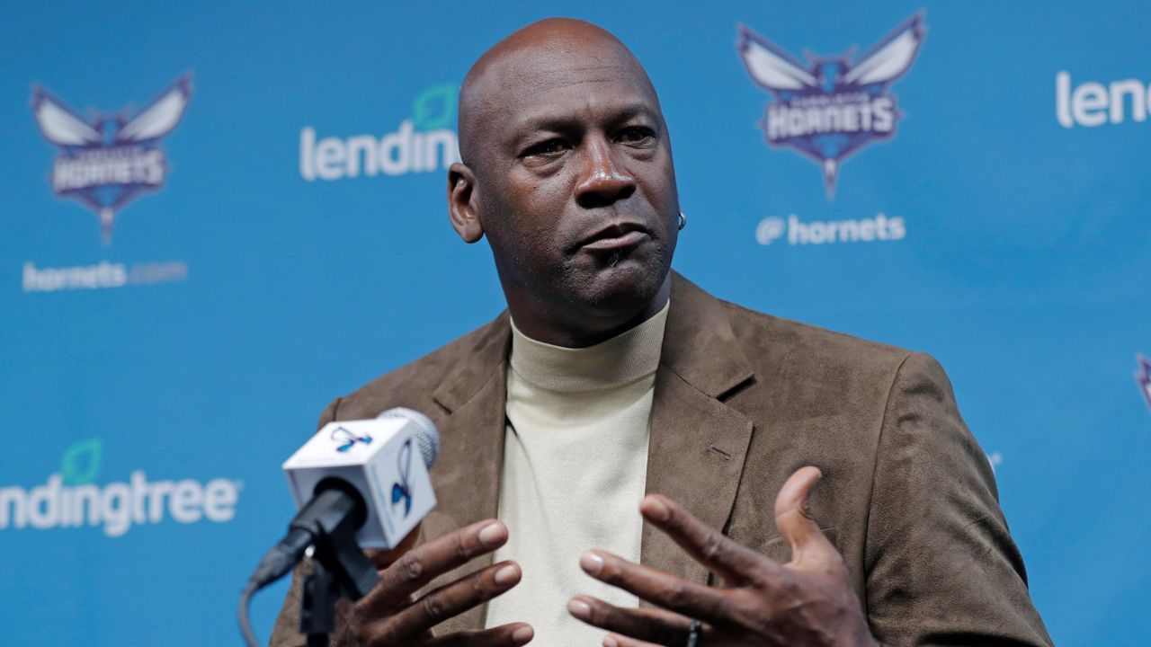 FILE - Charlotte Hornets owner Michael Jordan speaks to the media about hosting the NBA All-Star basketball game during a news conference, Feb. 12, 2019, in Charlotte, N.C. The NBA Board of Governors has voted to approve Jordan’s sale of the Charlotte Hornets to an ownership group led by Gabe Plotkin and Rick Schnall, according to a person familiar with the situation. The person spoke to The Associated Press on Sunday, July 23, 2023, on condition of anonymity because the sale won’t become official for at least another week. (AP Photo/Chuck Burton, File)