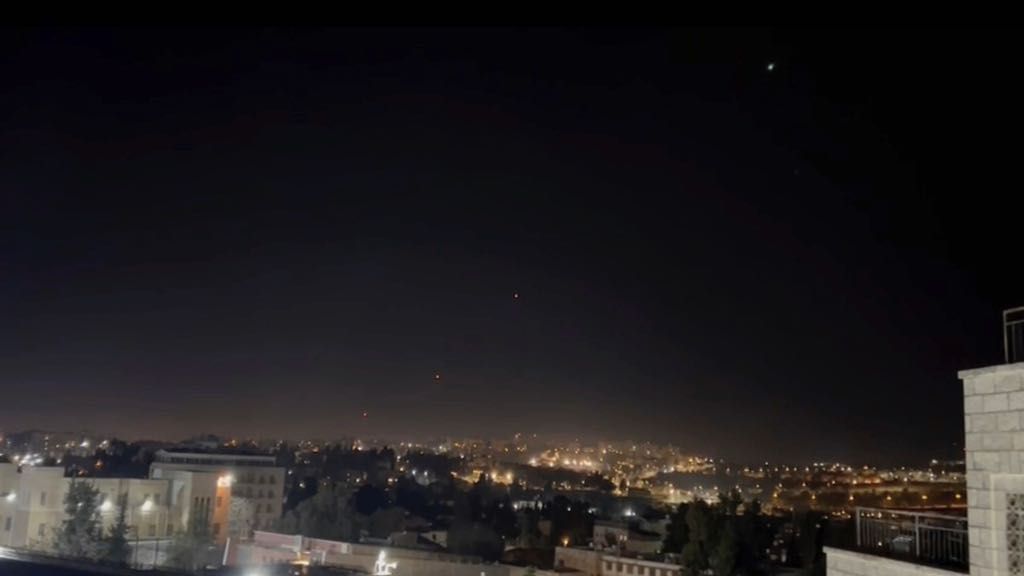 Interceptors missiles are launched into the sky early Sunday, April 14, 2024, in Jerusalem. (AP Photo/Sam Mednick)