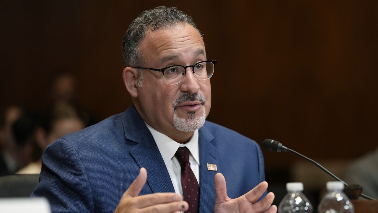 Education Secretary Miguel Cardona testifies during a Senate Appropriations Subcommittee on Labor, Health and Human Services, and Education, and Related Agencies hearing on Capitol Hill in Washington, April 30, 2024. (AP Photo/Susan Walsh, File) 