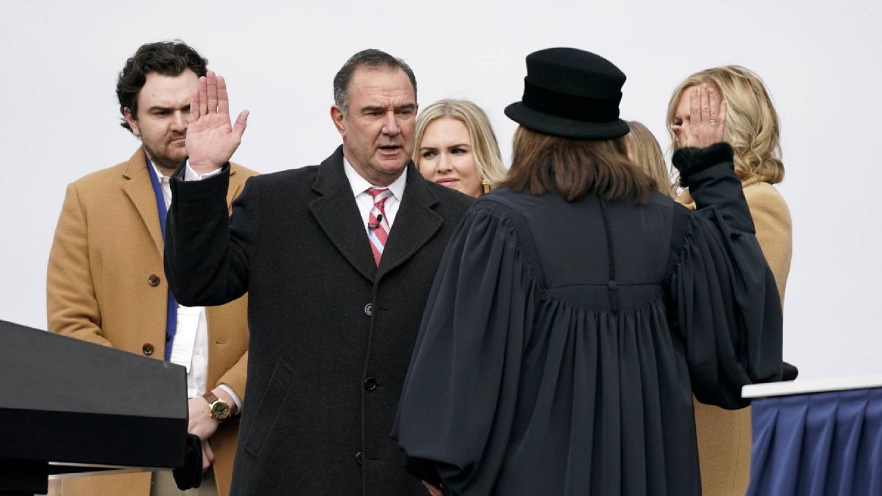 Missouri Lieutenant Governor Mike Kehoe takes the oath of office Monday, Jan. 11, 2021, in Jefferson City, Mo. (AP Photo/Jeff Roberson)