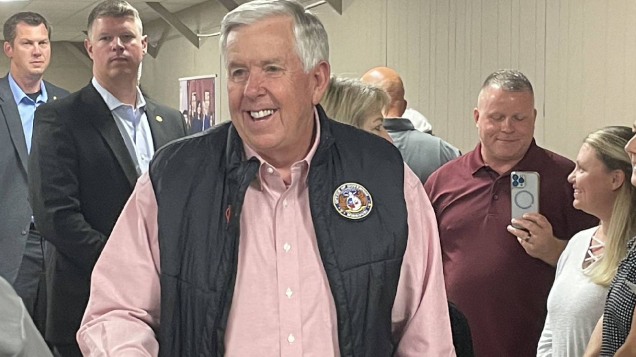 Missouri Gov. Mike Parson arrives Sunday at the Lincoln County Fairgrounds in Troy, Mo. for a county GOP event where he defended former President Donald Trump against criticism following a federal indictment in Florida alleging Trump mishandled classified documents. (Spectrum News/Gregg Palermo)