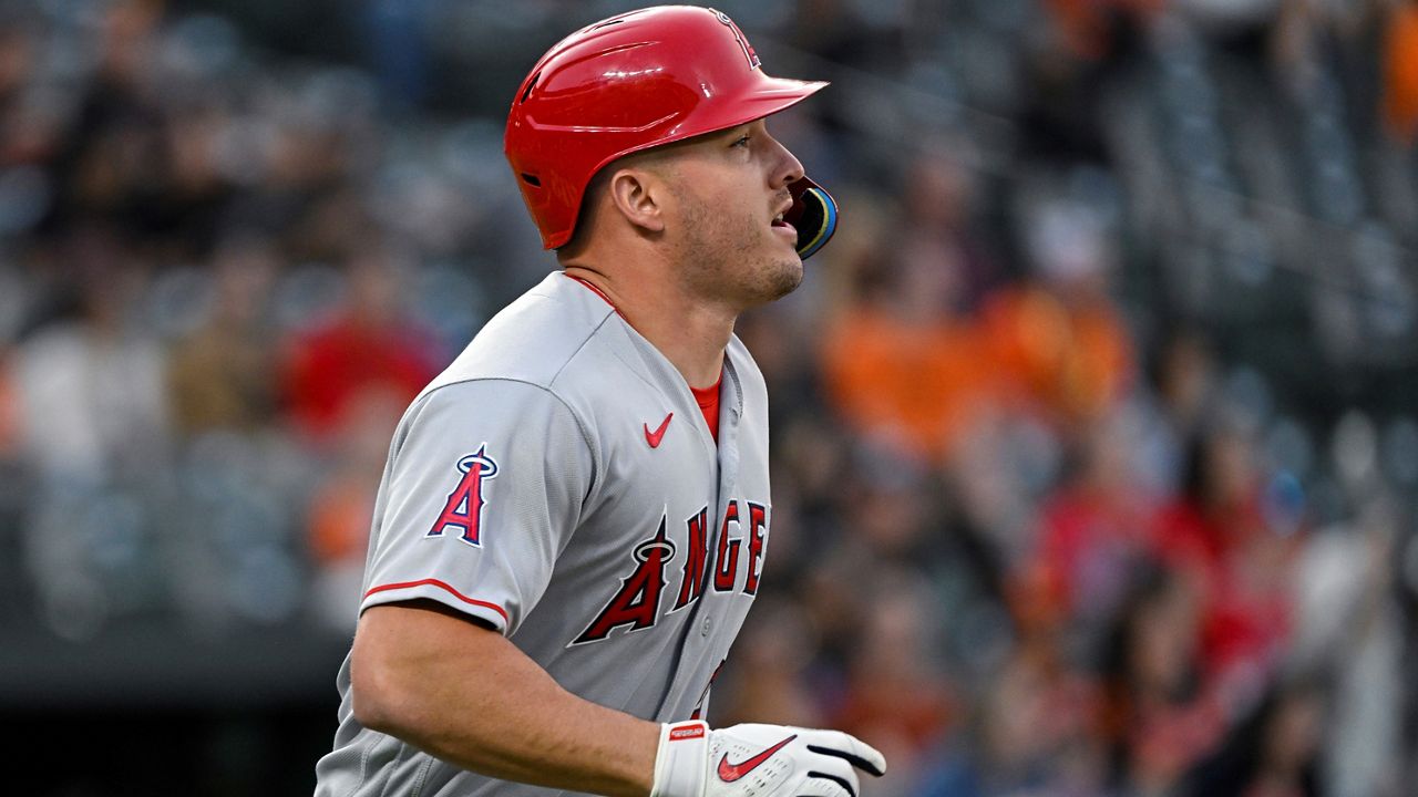 Los Angeles Angels' Mike Trout runs the bases after hitting a solo home run against Baltimore Orioles starting pitcher Kyle Bradish during the fourth inning of a baseball game, Wednesday, May 17, 2023, in Baltimore. (AP Photo/Terrance Williams)