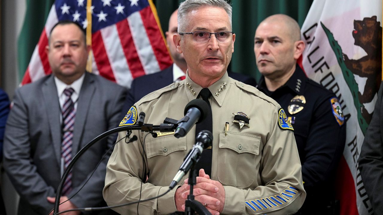 Tulare County Sheriff Mike Boudreaux speaks during a news conference in Visalia, Calif., Feb. 3, 2023. (Ron Holman/The Times-Delta via AP)