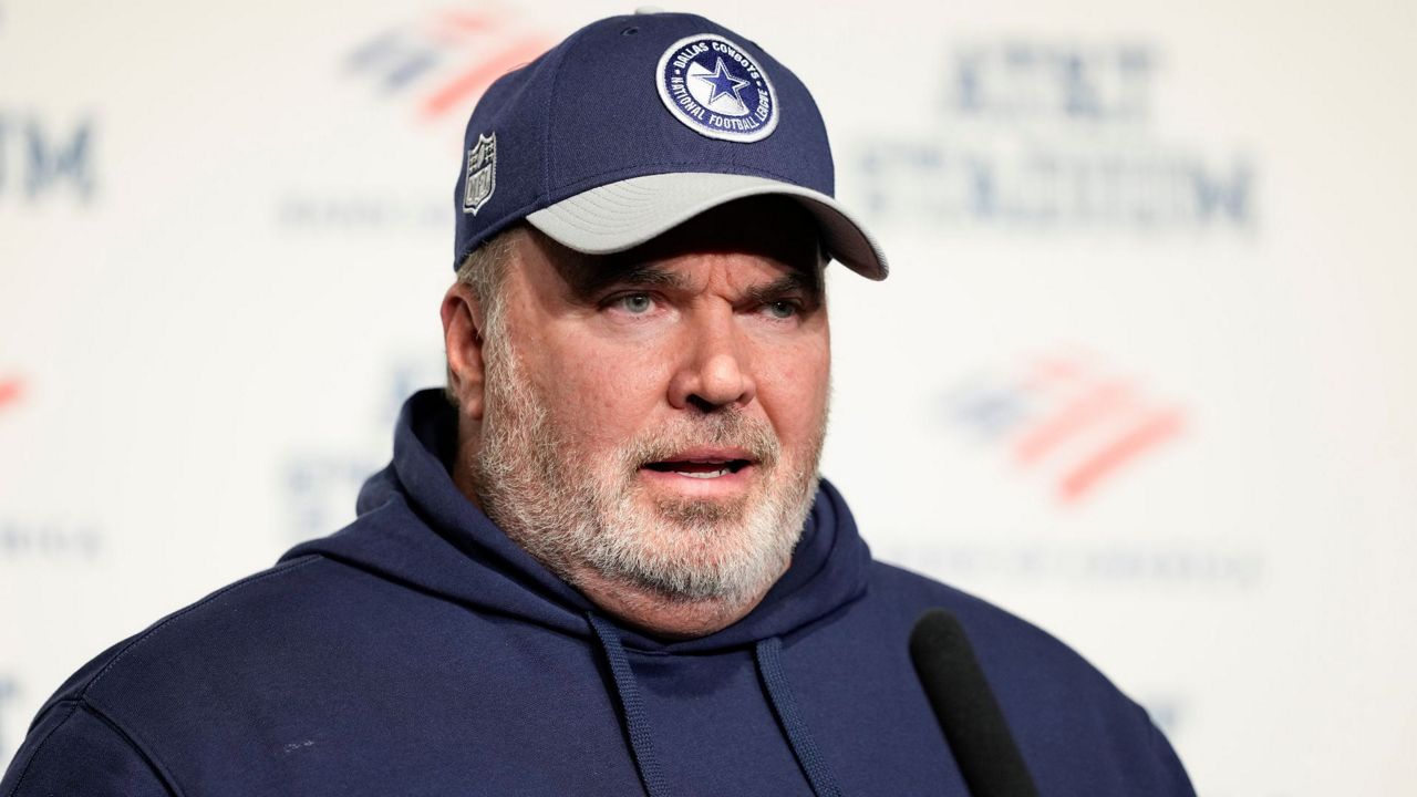 Dallas Cowboys head coach Mike McCarthy speaks to reporters following an NFL football game against the Green Bay Packers, Sunday, Jan. 14, 2024, in Arlington, Texas. (AP Photo/Sam Hodde)