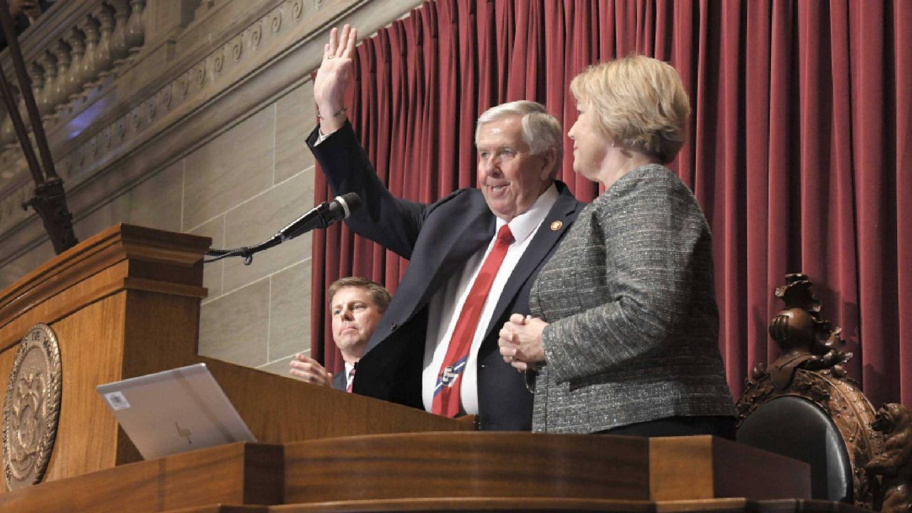 Missouri Gov. Mike Parson and his wife Teresa acknowledge the audience at the State of the State address in the House Chambers Jan. 24, 2024. (House Communications)