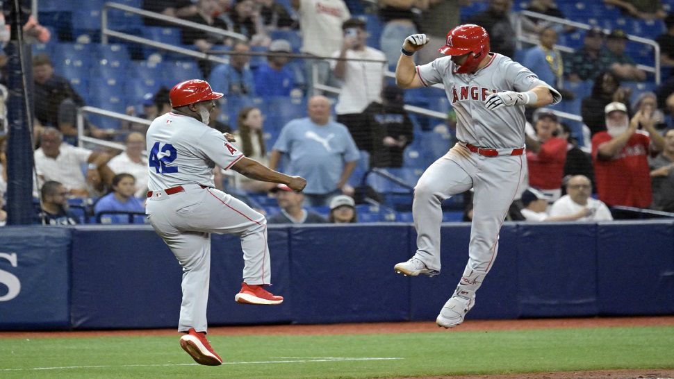 Los Angeles center field Mike Trout hit a two-run home run off Tampa Bay's Phil Maton in the eighth inning on Monday night.