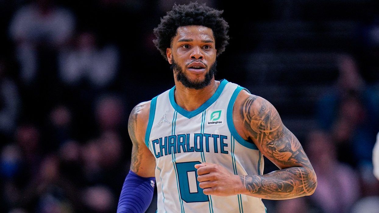 Charlotte Hornets forward Miles Bridges moves upcourt during a game against the Denver Nuggets, March 28, 2022, in Charlotte, N.C. (AP File Photo/Rusty Jones)