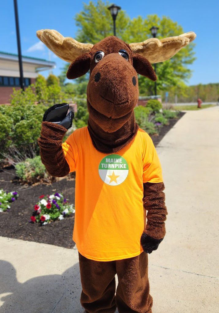 Turnpike authority mascot Miles the Maine Turnpike Moose and staff will be greeting visitors at the Kennebunk northbound plaza on Friday from noon to 2 p.m. (Maine Turnpike Authority)