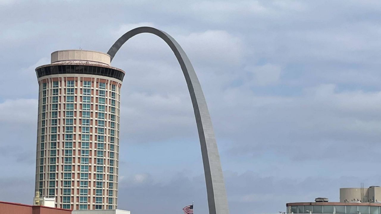 A view of the Gateway Arch and the former Millenium Hotel as seen from Busch Stadium on March 22, 2023 in St. Louis, Mo. (Spectrum News/Gregg Palermo)