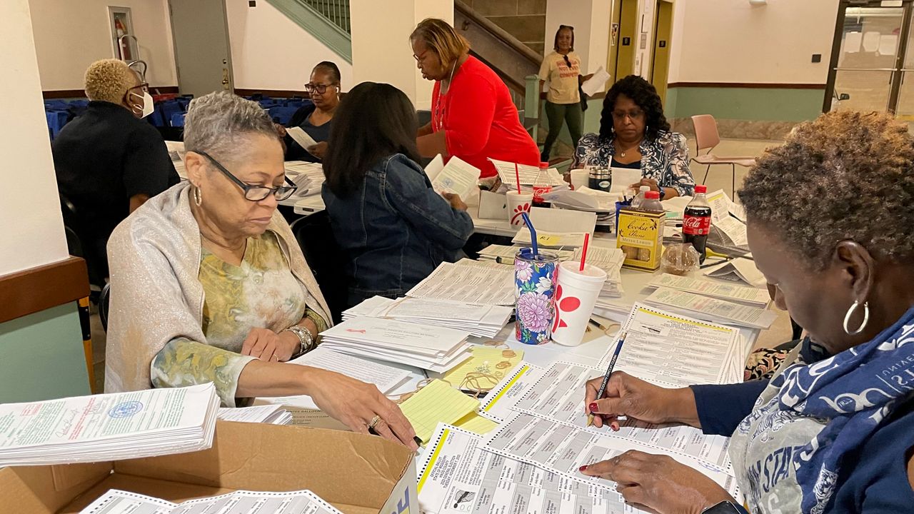 An election resolution board counts absentee ballots Wednesday, Nov. 8, 2023, at the Hinds County Courthouse in Jackson, Miss. (AP Photo/Michael Goldberg)