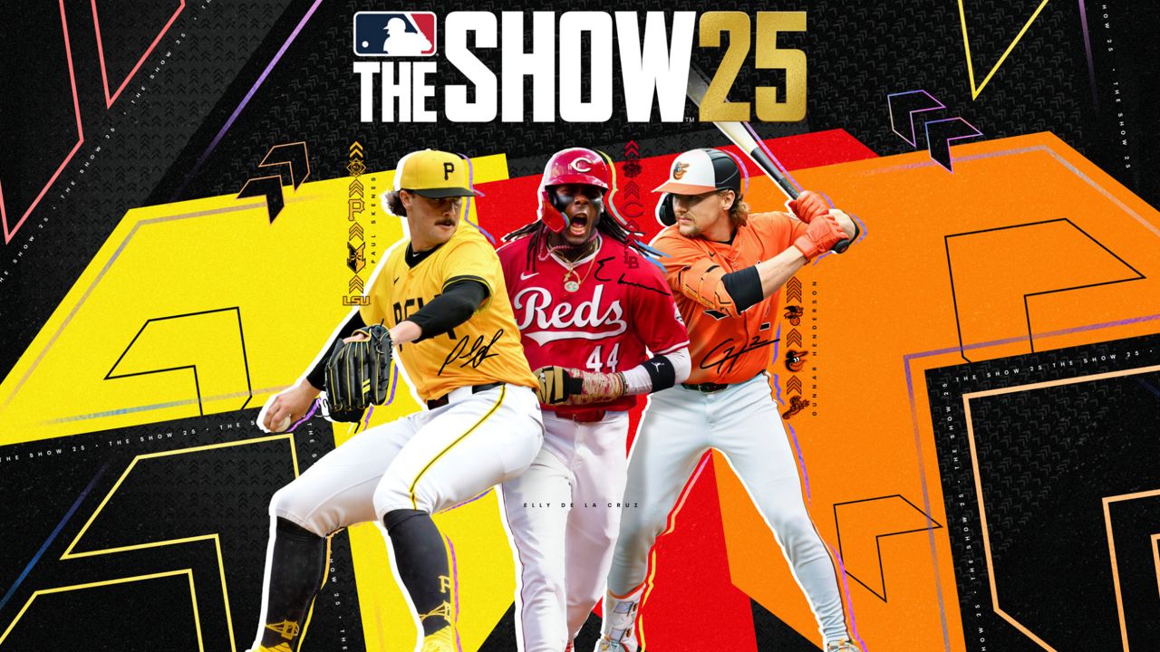 This image provided by Sony, shows the cover of art for the video game MLB The Show 25 featuring rising baseball stars Paul Skenes, Gunnar Henderson and Elly De La Cruz on the cover. 