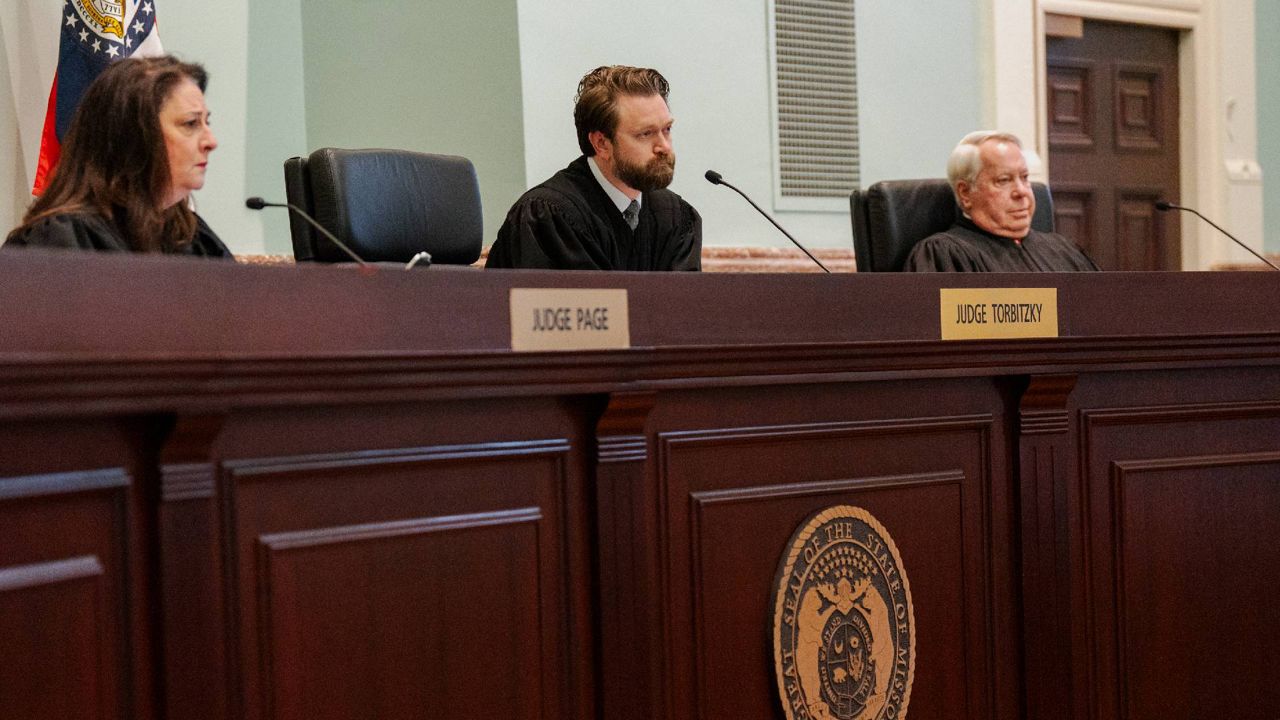 A three-judge panel of Missouri's Eastern District Court of Appeals heard arguments Thursday in St. Louis as St. Louis County challenged a circuit court ruling that gave Missouri Gov. Mike Parson authority to appoint a new St. Louis County Prosecuting Attorney to replace Wesley Bell, who will be sworn in to Congress Friday. (Courtesy Pool/Brian Munoz St. Louis Public Radio)