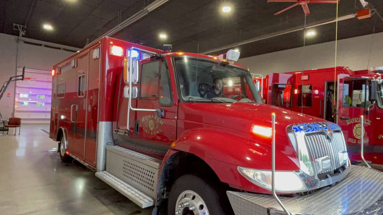 A Monarch Fire Protection District ambulance prepares to leave fire station 3 on the edge of Creve Coeur, Mo. on Friday April 26, 2024. (Spectrum News/Gregg Palermo)
