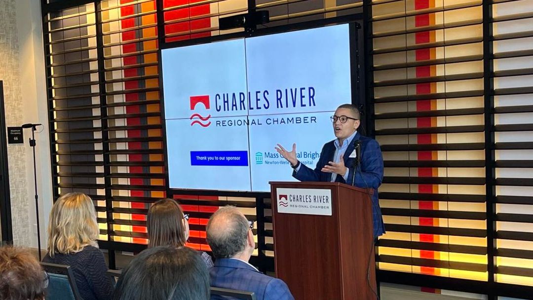 Transportation Secretary Monica Tibbits-Nutt speaks to the Charles River Chamber of Commerce in Watertown on Tuesday, May 14, 2024. (Courtesy of State House News Service)