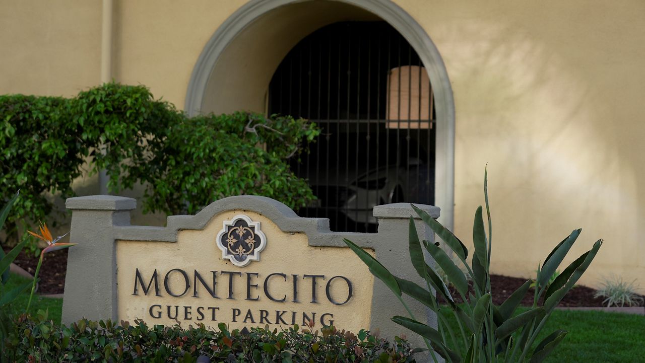 The exterior of the Montecito Apartments complex is pictured in Los Angeles, Wednesday, April 10, 2024. (AP Photo/Damian Dovarganes)
