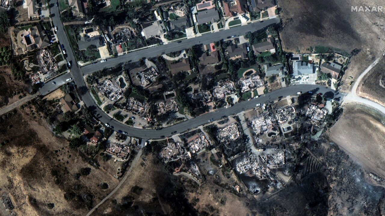 This satellite image released by Maxar Technologies shows fire-ravaged houses in Camarillo, Calif., on Thursday Nov. 7, 2024. (Satellite image ©2024 Maxar Technologies via AP)