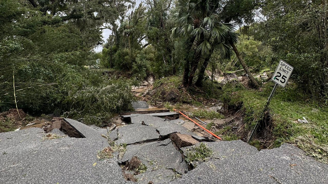 Roads damaged in Volusia County during Hurricane Milton. (Spectrum News/Devin Martin)