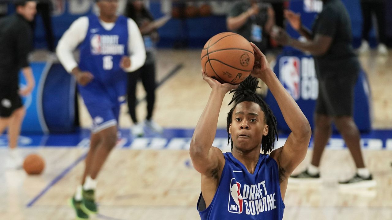 Tre Johnson participates in the 2025 NBA basketball draft combine in Chicago, Tuesday, May 13, 2025. (AP Photo/Nam Y. Huh)