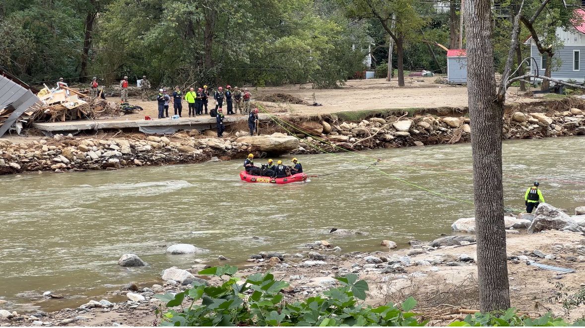 Spectrum News 1's Lorretta Boniti captured recovery efforts during a helicopter tour of Western North Carolina with Speaker Tim Moore, Rep. Brenden Jones (Columbus County) and Sen. Tim Moffitt (Henderson County). Photo taken in Chimney Rock, NC.