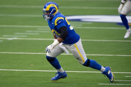 Los Angeles Rams defensive end Aaron Donald (99) during an NFL football  game against the Arizona Cardinals, Sunday, Oct. 3, 2021, in Inglewood,  Calif. The Arizona Cardinals defeated the Los Angeles Rams