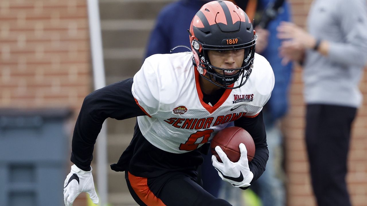 Punahou alumnus Andrei Iosivas, seen at the 2022 Senior Bowl, was a standout at Princeton of the FCS, then excelled at the NFL Draft Combine to put himself in position to get drafted on Saturday.