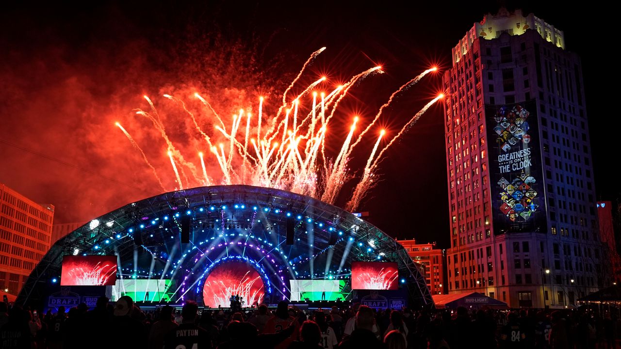 Fireworks explode at the end of the second night of the NFL football draft, Friday, April 26, 2024, in Detroit. (AP Photo/Paul Sancya)