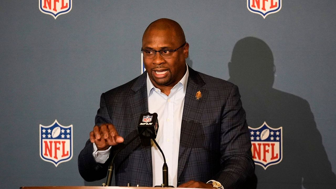 Troy Vincent Sr., NFL executive vice president of football operations, speaks to the media at the NFL football owners meeting Wednesday, Dec. 11, 2024, in Irving, Texas. (AP Photo/LM Otero)