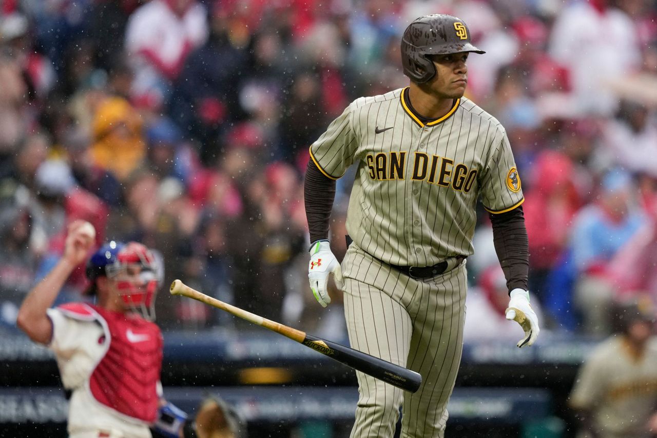 San Diego Padres' Josh Bell celebrates his RBI-double during the seventh  inning in Game 5 of the baseball NL Championship Series between the San  Diego Padres and the Philadelphia Phillies on Sunday