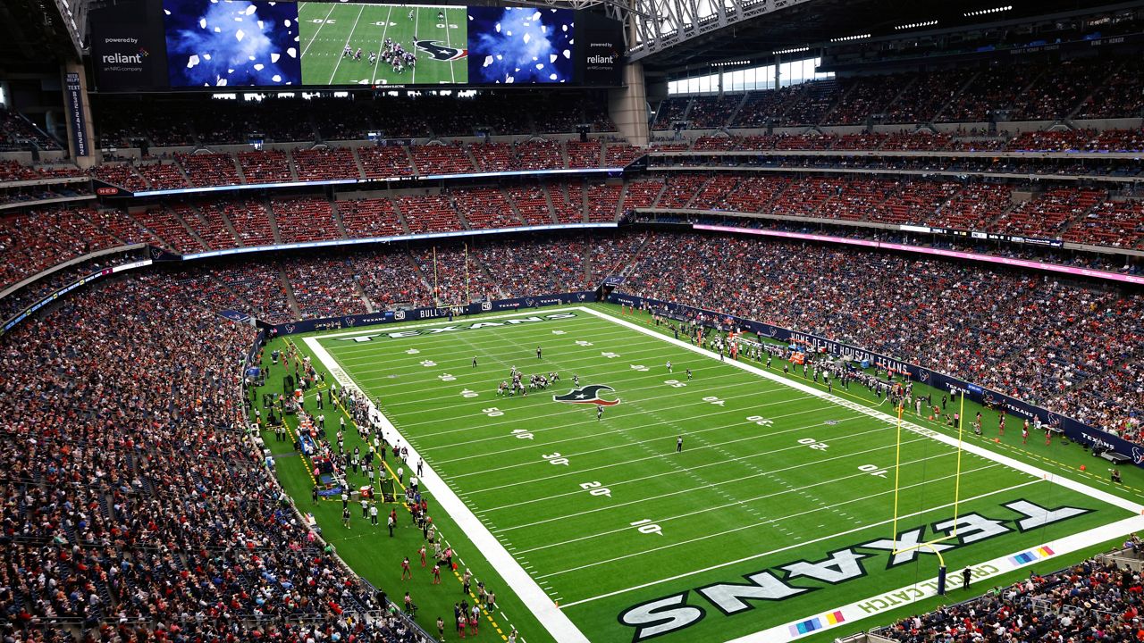 NFL action is seen in a general stadium view from an end zone corner in the upper deck of NRG stadium during an NFL football game between the New England Patriots and the Houston Texans, Sunday, Oct. 10, 2021, in Houston. (AP Photo/Matt Patterson)